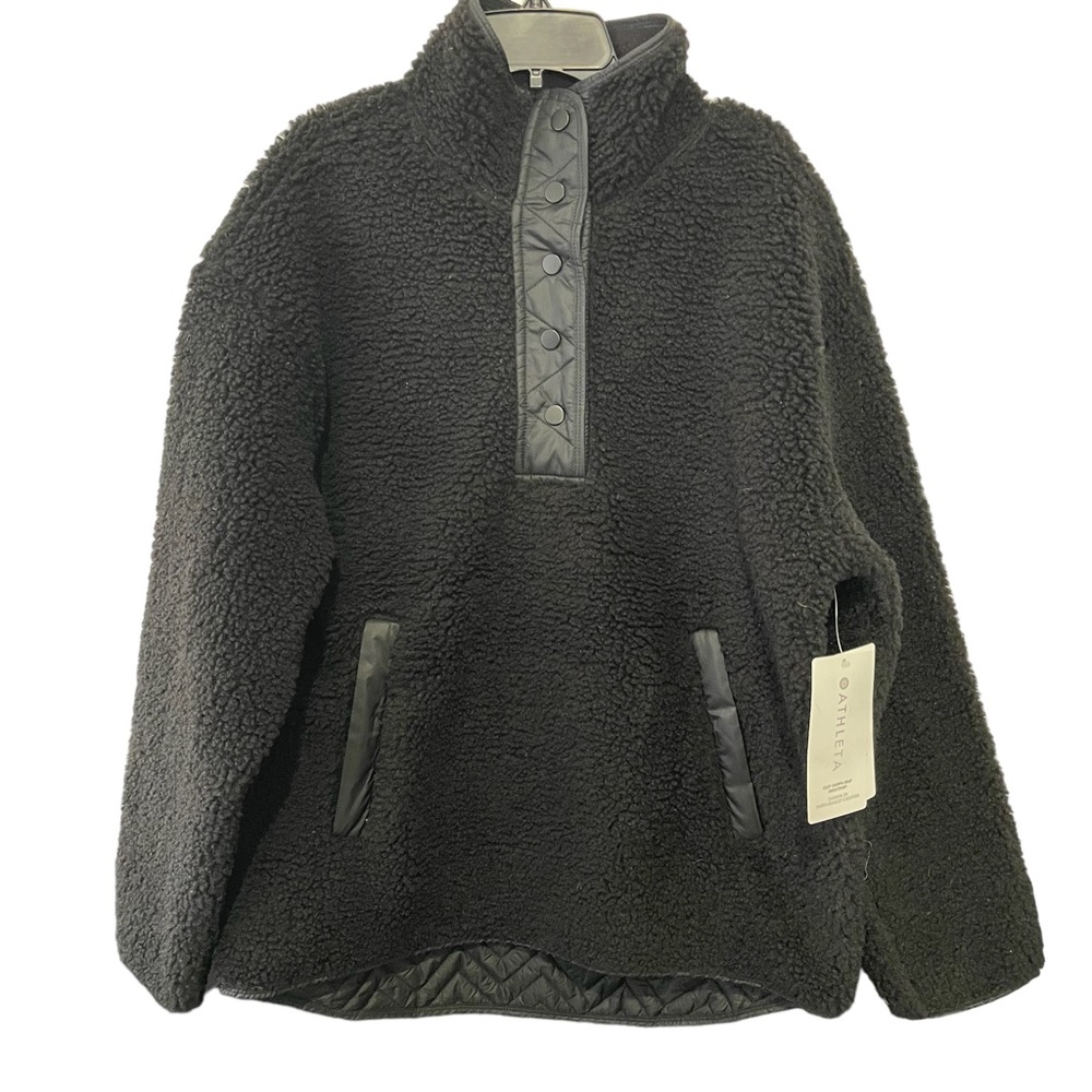 Athleta Cozy Sherpa Snap Sweatshirt Woman’s Medium Black Zip Pockets